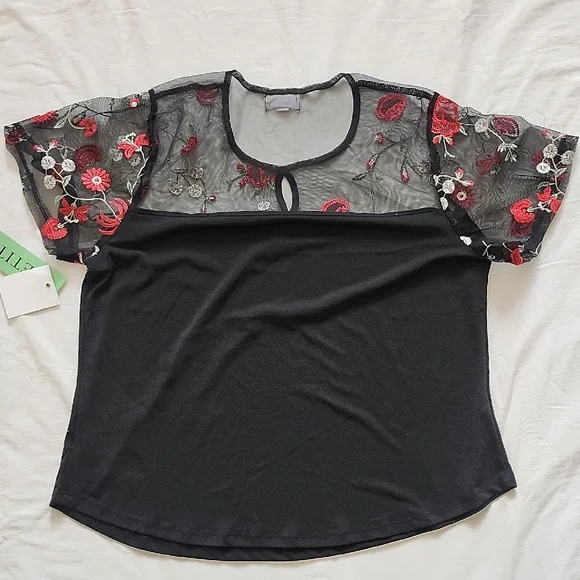 Autumn Skye Black Top with Red Sheer Floral Design - Picture 3 of 3